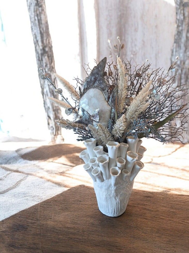 Coral style vase with metal fish and unique coastal design