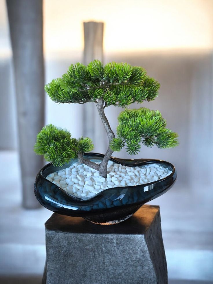 SOLD -P - Blue Glass bowl with Bonsai tree