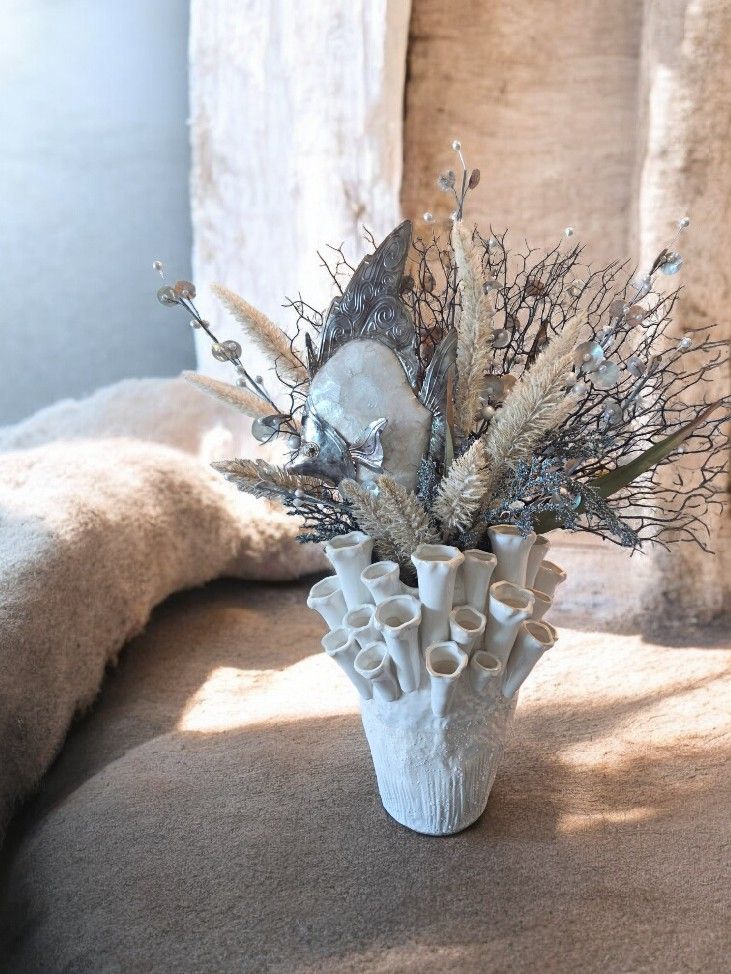 Coral style vase with metal fish and unique coastal design