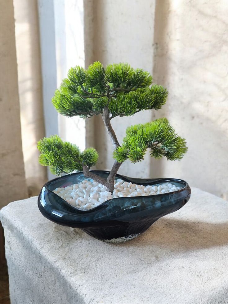 SOLD -P - Blue Glass bowl with Bonsai tree